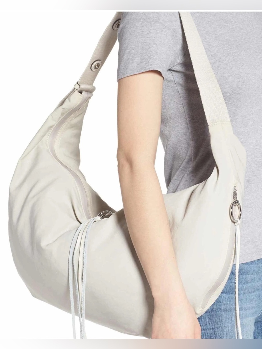 REBECCA MINKOFF Bone White Trailing Tassels Nylon Large Hobo Shoulder Bag